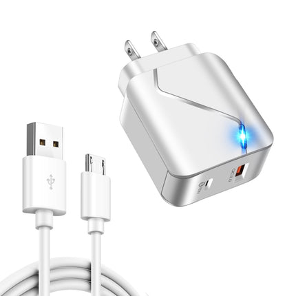 LZ-819A+C 18W QC3.0 USB + PD USB-C / Type-C Interface Travel Charger with Indicator Light + USB to Micro USB Fast Charging Data Cable Set, US Plug(White)-garmade.com
