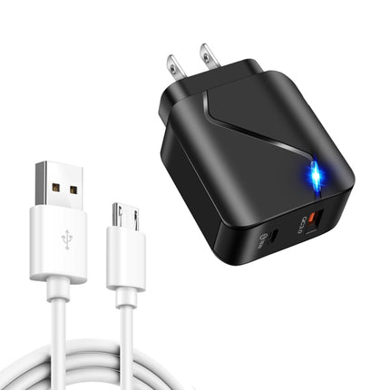LZ-819A+C 18W QC3.0 USB + PD USB-C / Type-C Interface Travel Charger with Indicator Light + USB to Micro USB Fast Charging Data Cable Set, US Plug(Black)-garmade.com