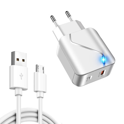 LZ-819A+C 18W QC3.0 USB + PD USB-C / Type-C Interface Travel Charger with Indicator Light + USB to Micro USB Fast Charging Data Cable Set, EU Plug(White)-garmade.com