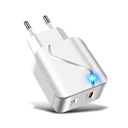LZ-819A+C 18W QC3.0 USB + PD USB-C / Type-C Interface Travel Charger with Indicator Light + USB to Micro USB Fast Charging Data Cable Set, EU Plug(White)-garmade.com