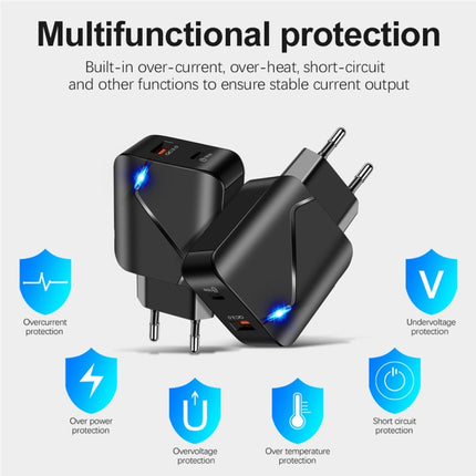 LZ-819A+C 18W QC3.0 USB + PD USB-C / Type-C Interface Travel Charger with Indicator Light + USB to Micro USB Fast Charging Data Cable Set, EU Plug(White)-garmade.com