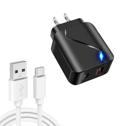 LZ-819A+C 18W QC3.0 USB + PD USB-C / Type-C Interface Travel Charger with Indicator Light + USB to USB-C / Type-C Fast Charging Data Cable Set, US Plug(Black)-garmade.com