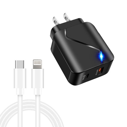 LZ-819A+C 18W QC3.0 USB + PD USB-C / Type-C Interface Travel Charger with Indicator Light + USB-C / Type-C to 8 Pin Fast Charging Data Cable Set, US Plug(Black)-garmade.com