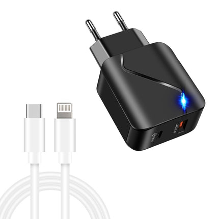 LZ-819A+C 18W QC3.0 USB + PD USB-C / Type-C Interface Travel Charger with Indicator Light + USB-C / Type-C to 8 Pin Fast Charging Data Cable Set, EU Plug(Black)-garmade.com