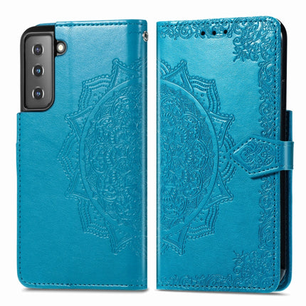 For Samsung Galaxy S21 5G Mandala Flower Embossed Horizontal Flip Leather Case with Holder & Three Card Slots & Wallet & Lanyard(Blue)-garmade.com