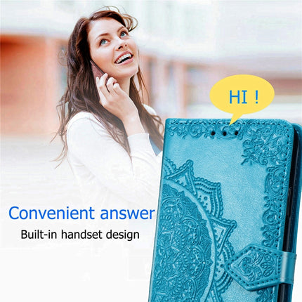 For Samsung Galaxy S21 5G Mandala Flower Embossed Horizontal Flip Leather Case with Holder & Three Card Slots & Wallet & Lanyard(Blue)-garmade.com