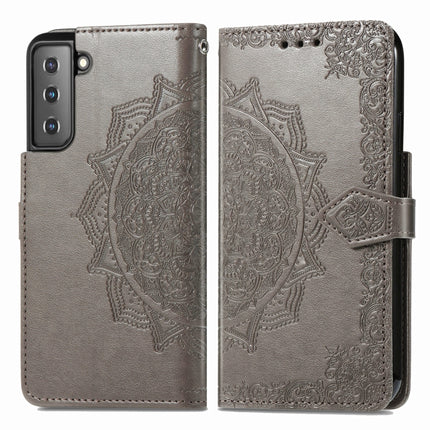 For Samsung Galaxy S21 5G Mandala Flower Embossed Horizontal Flip Leather Case with Holder & Three Card Slots & Wallet & Lanyard(Grey)-garmade.com