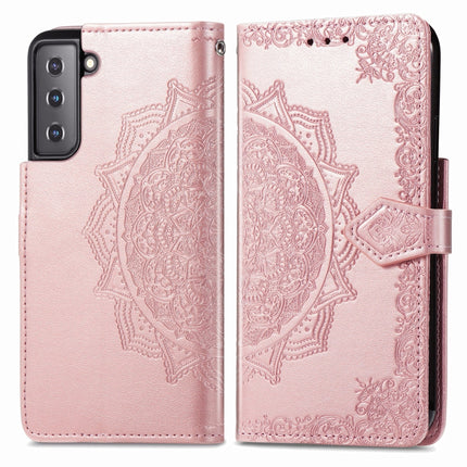 For Samsung Galaxy S21 5G Mandala Flower Embossed Horizontal Flip Leather Case with Holder & Three Card Slots & Wallet & Lanyard(Rose Gold)-garmade.com