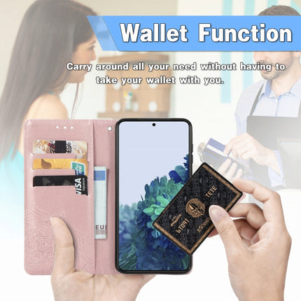 For Samsung Galaxy S21 5G Mandala Flower Embossed Horizontal Flip Leather Case with Holder & Three Card Slots & Wallet & Lanyard(Rose Gold)-garmade.com