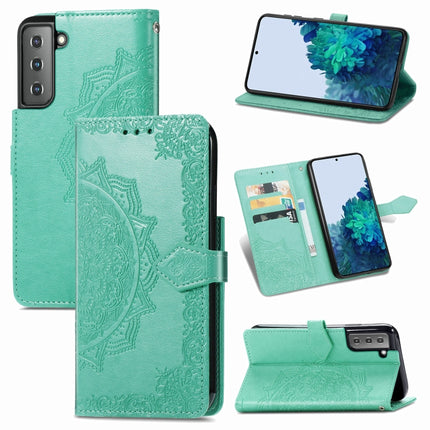 For Samsung Galaxy S21 5G Mandala Flower Embossed Horizontal Flip Leather Case with Holder & Three Card Slots & Wallet & Lanyard(Green)-garmade.com