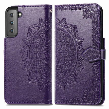 For Samsung Galaxy S21 5G Mandala Flower Embossed Horizontal Flip Leather Case with Holder & Three Card Slots & Wallet & Lanyard(Purple)-garmade.com