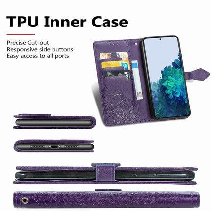 For Samsung Galaxy S21 5G Mandala Flower Embossed Horizontal Flip Leather Case with Holder & Three Card Slots & Wallet & Lanyard(Purple)-garmade.com