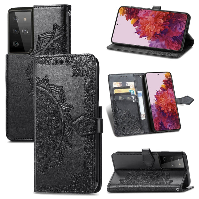 For Samsung Galaxy S21 Ultra 5G Mandala Flower Embossed Horizontal Flip Leather Case with Holder & Three Card Slots & Wallet & Lanyard(Black)-garmade.com