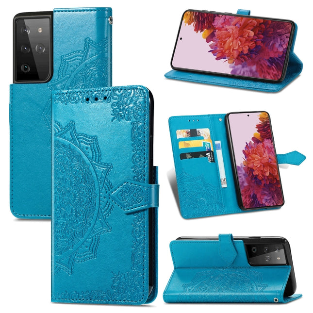 For Samsung Galaxy S21 Ultra 5G Mandala Flower Embossed Horizontal Flip Leather Case with Holder & Three Card Slots & Wallet & Lanyard(Blue)-garmade.com