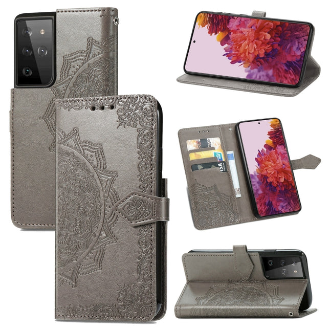 For Samsung Galaxy S21 Ultra 5G Mandala Flower Embossed Horizontal Flip Leather Case with Holder & Three Card Slots & Wallet & Lanyard(Grey)-garmade.com