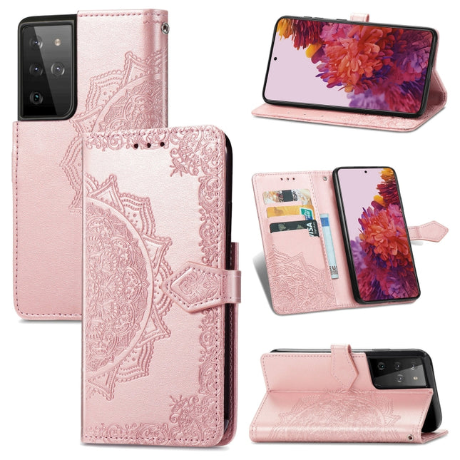 For Samsung Galaxy S21 Ultra 5G Mandala Flower Embossed Horizontal Flip Leather Case with Holder & Three Card Slots & Wallet & Lanyard(Rose Gold)-garmade.com