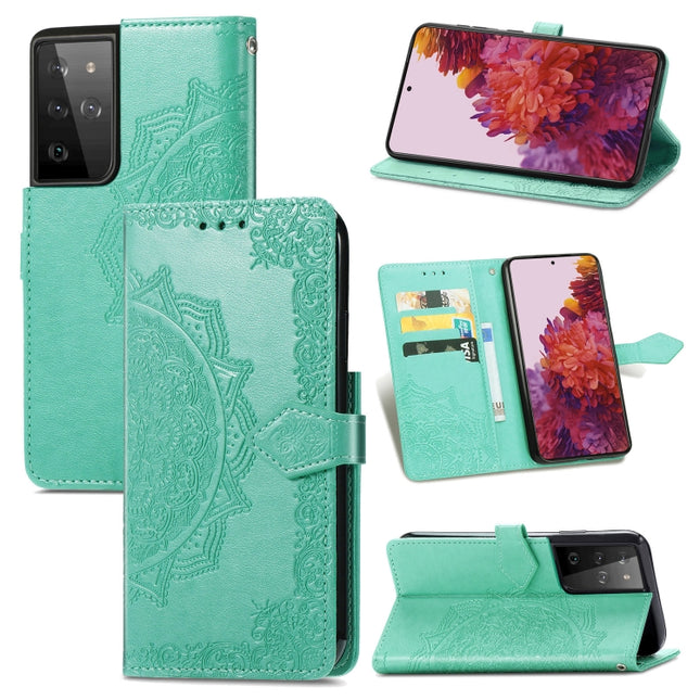 For Samsung Galaxy S21 Ultra 5G Mandala Flower Embossed Horizontal Flip Leather Case with Holder & Three Card Slots & Wallet & Lanyard(Green)-garmade.com