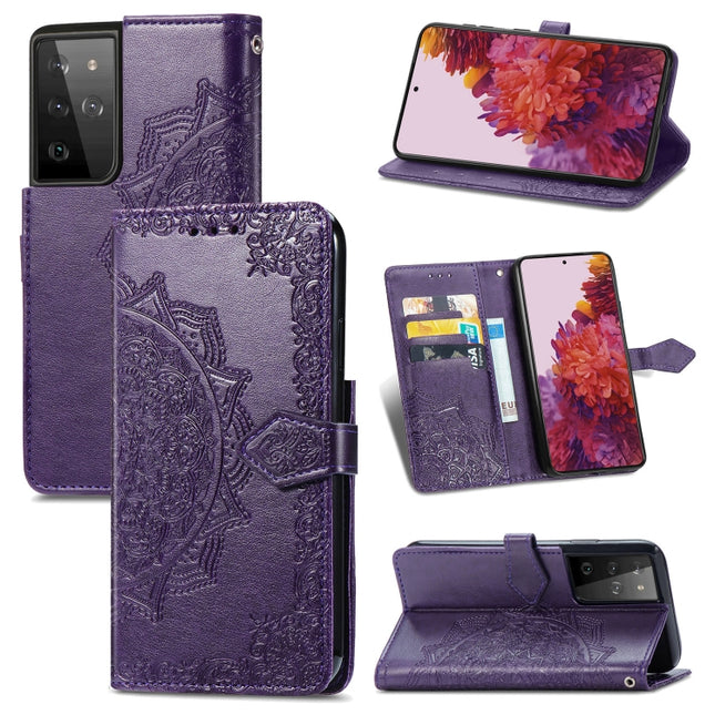 For Samsung Galaxy S21 Ultra 5G Mandala Flower Embossed Horizontal Flip Leather Case with Holder & Three Card Slots & Wallet & Lanyard(Purple)-garmade.com