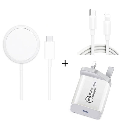 XJ-32 3 in 1 15W Magnetic Suction Wreless Charging + PD 20W USB-C / Type-C Travel Charging + USB-C / Type-C to 8 Pin Fast Charging Cable for iPhone Series, Plug Size:UK Plug-garmade.com