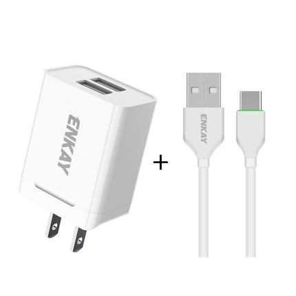 ENKAY Hat-Prince U008-1 10.5W 2.1A Dual USB Charging US Plug Travel Power Adapter With 2.1A 1m Type-C Cable-garmade.com