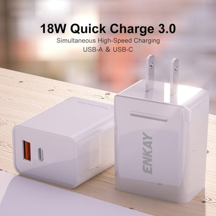 ENKAY Hat-Prince U033 18W 3A PD + QC3.0 Dual USB Fast Charging Power Adapter US Plug Portable Travel Charger With 1m 3A 8 Pin Cable-garmade.com