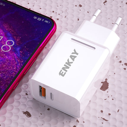 ENKAY Hat-Prince T030 18W 3A PD + QC3.0 Dual USB Fast Charging Power Adapter EU Plug Portable Travel Charger With 1m 3A 8 Pin Cable-garmade.com