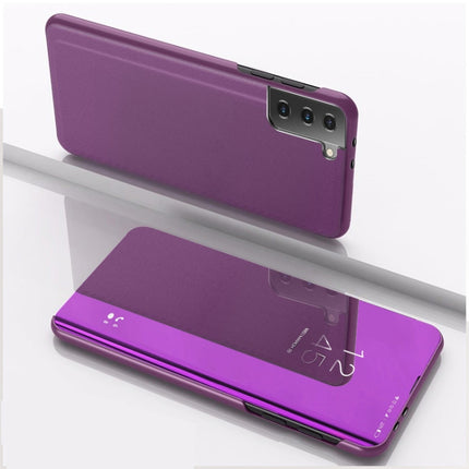 For Samsung Galaxy S21 5G Plated Mirror Horizontal Flip Leather Case with Holder(Purple)-garmade.com