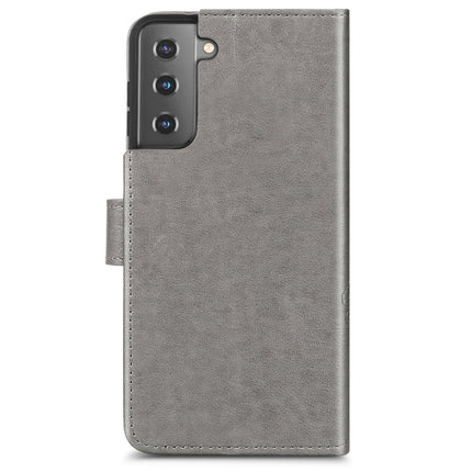 Four-leaf Clasp Embossed Buckle Mobile Phone Protection Leather Case with Lanyard & Card Slot & Wallet & Bracket Function For Samsung Galaxy S21 5G(Grey)-garmade.com
