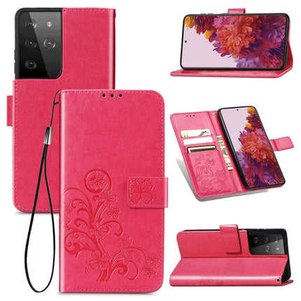 Four-leaf Clasp Embossed Buckle Mobile Phone Protection Leather Case with Lanyard & Card Slot & Wallet & Bracket Function For Samsung Galaxy S21 Ultra 5G(Magenta)-garmade.com