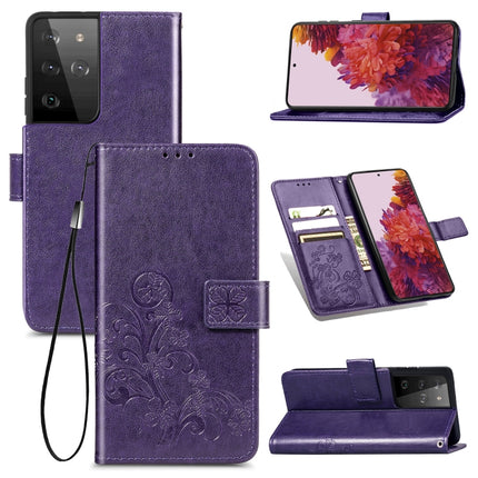 Four-leaf Clasp Embossed Buckle Mobile Phone Protection Leather Case with Lanyard & Card Slot & Wallet & Bracket Function For Samsung Galaxy S21 Ultra 5G(Purple)-garmade.com