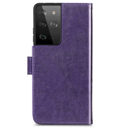 Four-leaf Clasp Embossed Buckle Mobile Phone Protection Leather Case with Lanyard & Card Slot & Wallet & Bracket Function For Samsung Galaxy S21 Ultra 5G(Purple)-garmade.com