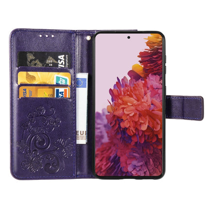 Four-leaf Clasp Embossed Buckle Mobile Phone Protection Leather Case with Lanyard & Card Slot & Wallet & Bracket Function For Samsung Galaxy S21 Ultra 5G(Purple)-garmade.com