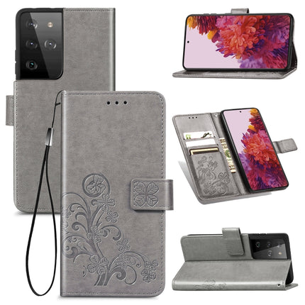 Four-leaf Clasp Embossed Buckle Mobile Phone Protection Leather Case with Lanyard & Card Slot & Wallet & Bracket Function For Samsung Galaxy S21 Ultra 5G(Grey)-garmade.com