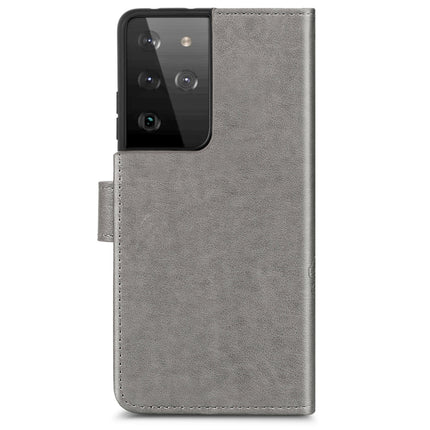 Four-leaf Clasp Embossed Buckle Mobile Phone Protection Leather Case with Lanyard & Card Slot & Wallet & Bracket Function For Samsung Galaxy S21 Ultra 5G(Grey)-garmade.com