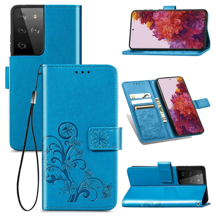 Four-leaf Clasp Embossed Buckle Mobile Phone Protection Leather Case with Lanyard & Card Slot & Wallet & Bracket Function For Samsung Galaxy S21 Ultra 5G(Blue)-garmade.com