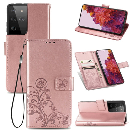 Four-leaf Clasp Embossed Buckle Mobile Phone Protection Leather Case with Lanyard & Card Slot & Wallet & Bracket Function For Samsung Galaxy S21 Ultra 5G(Rose Gold)-garmade.com