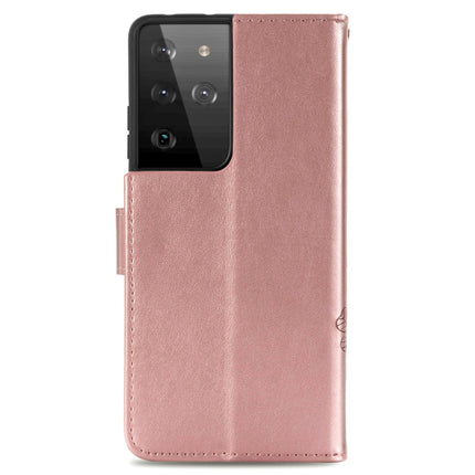 Four-leaf Clasp Embossed Buckle Mobile Phone Protection Leather Case with Lanyard & Card Slot & Wallet & Bracket Function For Samsung Galaxy S21 Ultra 5G(Rose Gold)-garmade.com