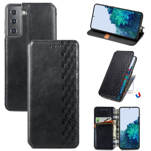 For Samsung Galaxy S21 5G Cubic Grid Pressed Horizontal Flip Magnetic PU Leather Case with Holder & Card Slots & Wallet(Black)-garmade.com