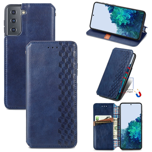 For Samsung Galaxy S21 5G Cubic Grid Pressed Horizontal Flip Magnetic PU Leather Case with Holder & Card Slots & Wallet(Blue)-garmade.com