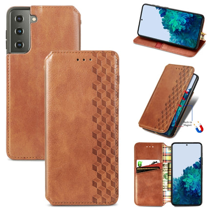 For Samsung Galaxy S21 5G Cubic Grid Pressed Horizontal Flip Magnetic PU Leather Case with Holder & Card Slots & Wallet(Brown)-garmade.com