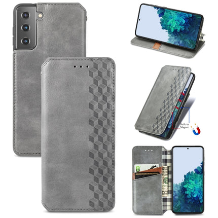 For Samsung Galaxy S21 5G Cubic Grid Pressed Horizontal Flip Magnetic PU Leather Case with Holder & Card Slots & Wallet(Gray)-garmade.com