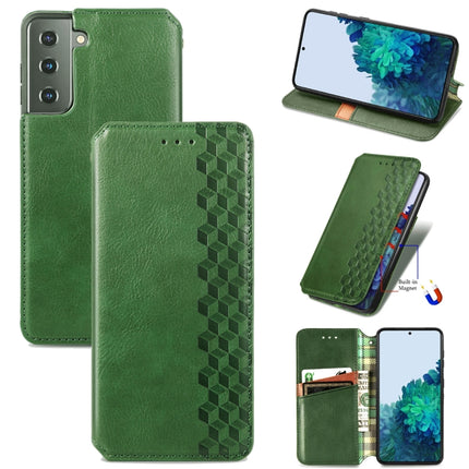 For Samsung Galaxy S21 5G Cubic Grid Pressed Horizontal Flip Magnetic PU Leather Case with Holder & Card Slots & Wallet(Green)-garmade.com