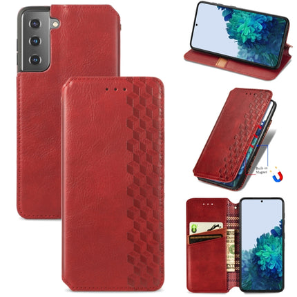 For Samsung Galaxy S21 5G Cubic Grid Pressed Horizontal Flip Magnetic PU Leather Case with Holder & Card Slots & Wallet(Red)-garmade.com