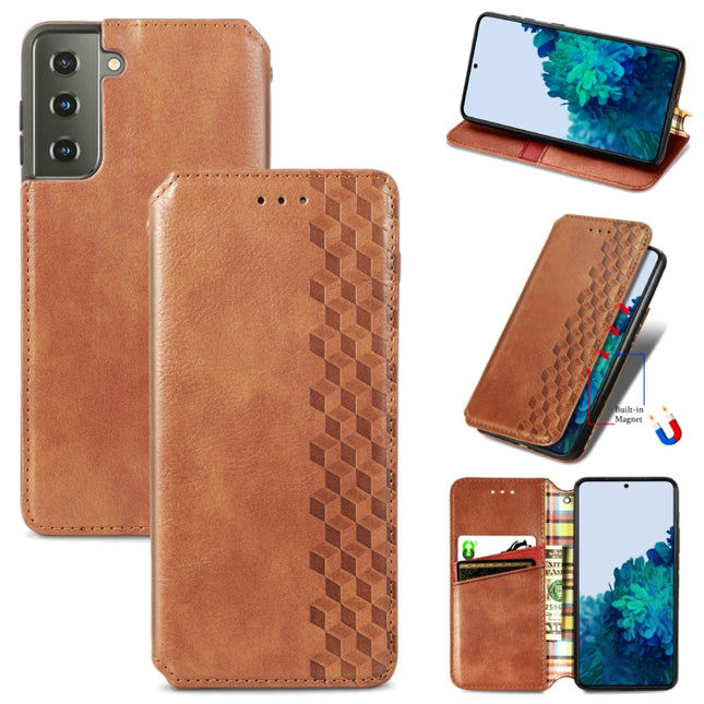 For Samsung Galaxy S21+ 5G Cubic Grid Pressed Horizontal Flip Magnetic PU Leather Case with Holder & Card Slots & Wallet(Brown)-garmade.com