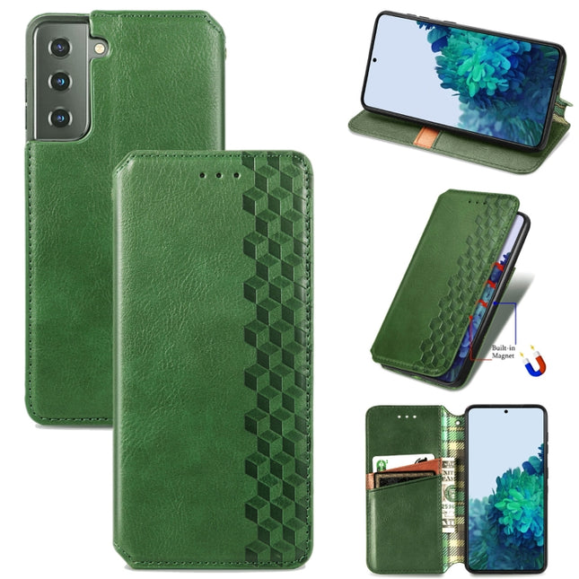 For Samsung Galaxy S21+ 5G Cubic Grid Pressed Horizontal Flip Magnetic PU Leather Case with Holder & Card Slots & Wallet(Green)-garmade.com