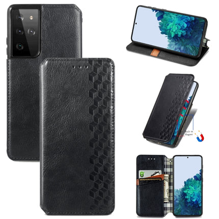 For Samsung Galaxy S21 Ultra 5G Cubic Grid Pressed Horizontal Flip Magnetic PU Leather Case with Holder & Card Slots & Wallet(Black)-garmade.com