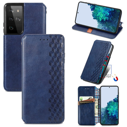 For Samsung Galaxy S21 Ultra 5G Cubic Grid Pressed Horizontal Flip Magnetic PU Leather Case with Holder & Card Slots & Wallet(Blue)-garmade.com