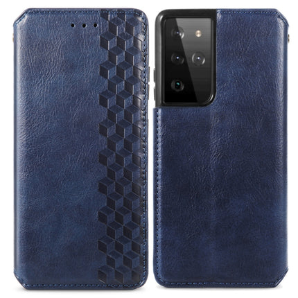For Samsung Galaxy S21 Ultra 5G Cubic Grid Pressed Horizontal Flip Magnetic PU Leather Case with Holder & Card Slots & Wallet(Blue)-garmade.com