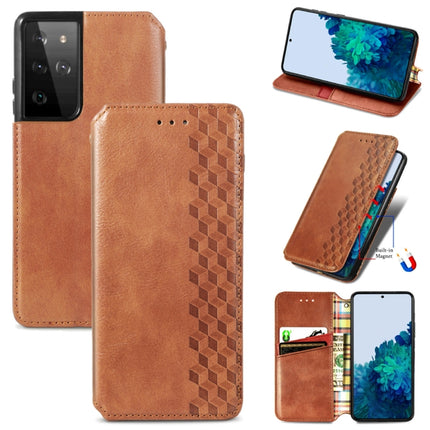 For Samsung Galaxy S21 Ultra 5G Cubic Grid Pressed Horizontal Flip Magnetic PU Leather Case with Holder & Card Slots & Wallet(Brown)-garmade.com