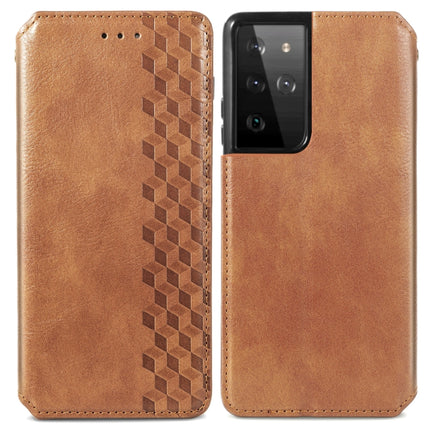 For Samsung Galaxy S21 Ultra 5G Cubic Grid Pressed Horizontal Flip Magnetic PU Leather Case with Holder & Card Slots & Wallet(Brown)-garmade.com